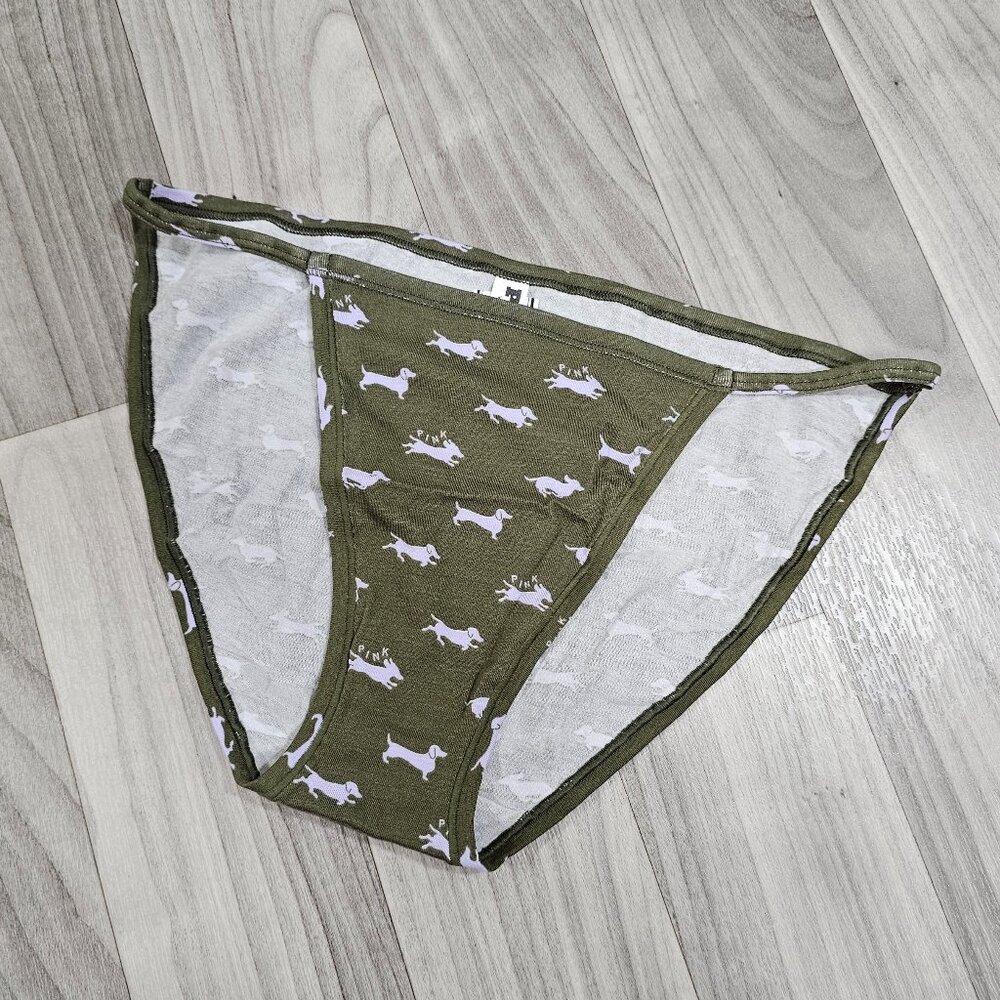 Victoria's Secret PINK Cotton String Bikini Panty, Green with Dog Print